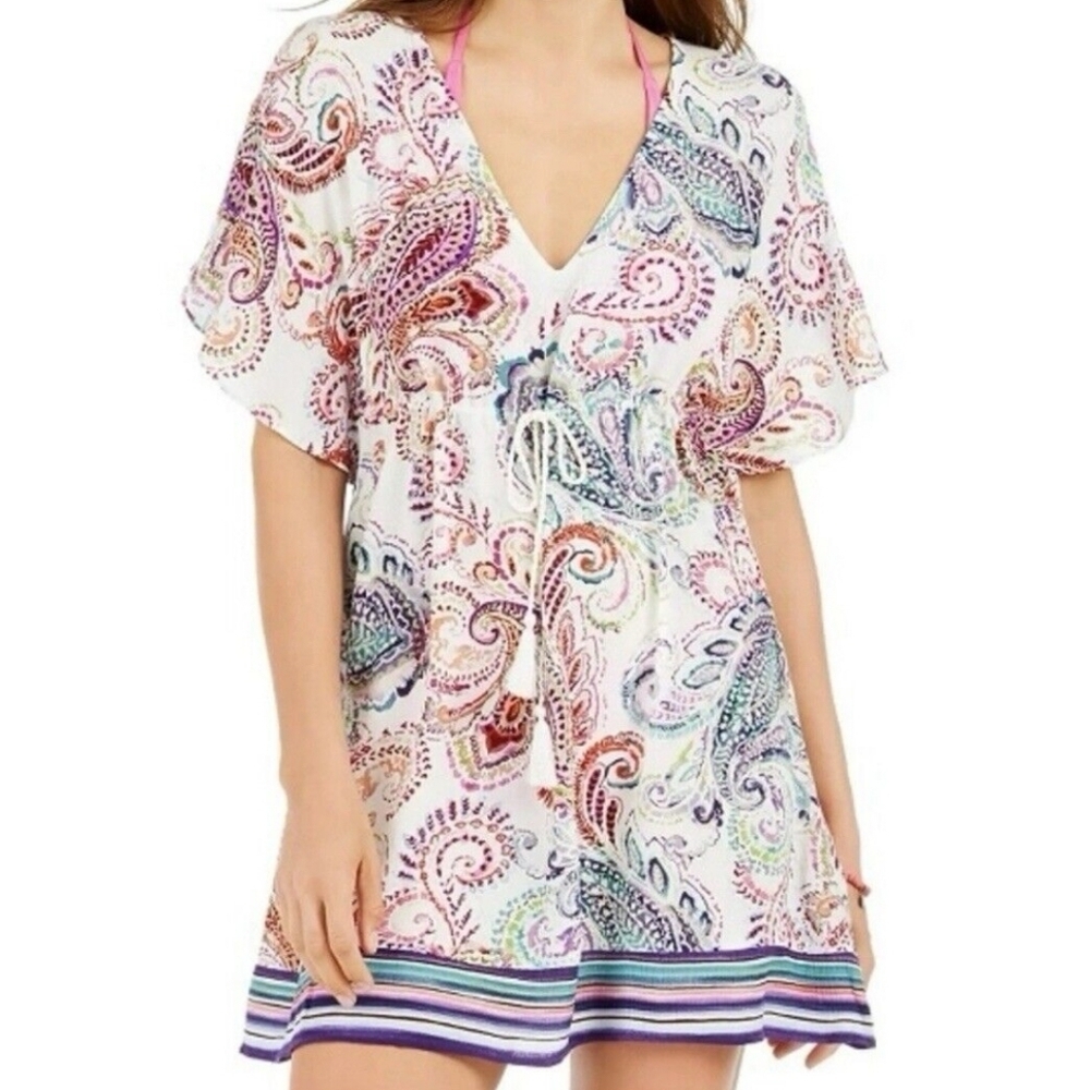 Lauren Ralph Lauren Kimono Flutter Sleeve Tunic Coverup Paisley sz S Purple Whit